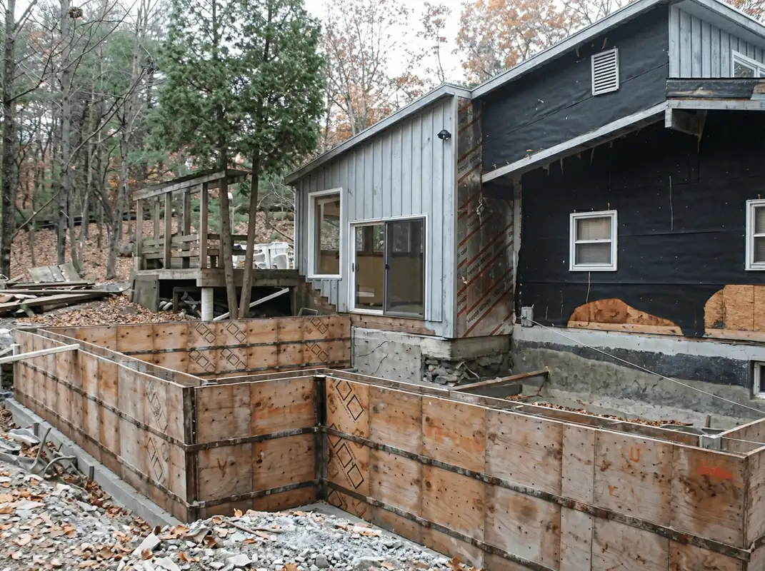 Prepared site with foundation forms for home remodeling and addition project in ,
